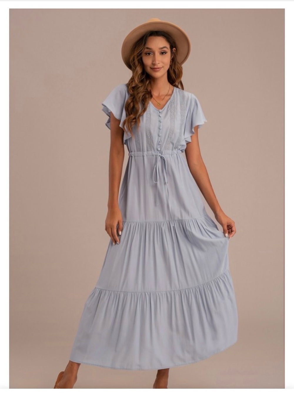 Short Ruffle Sleeve V Neck Buttons Maxi
Dress - Light Blue
